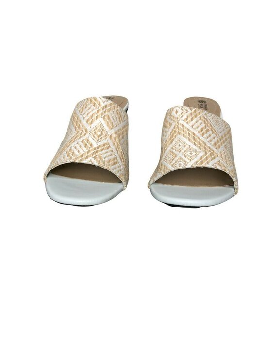 Avon Cushion Walk Slides Sandal Block Heel Womens 9 Beige Straw Weave Mules Shoe - Picture 2 of 11